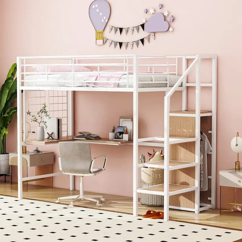 Lit mezzanine double en métal avec bureau et armoire, échelle de rangement latérale