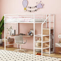 Lit mezzanine double en métal avec bureau et armoire, échelle de rangement latérale