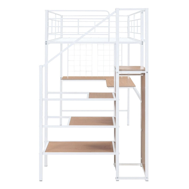 Lit mezzanine double en métal avec bureau et armoire, échelle de rangement latérale