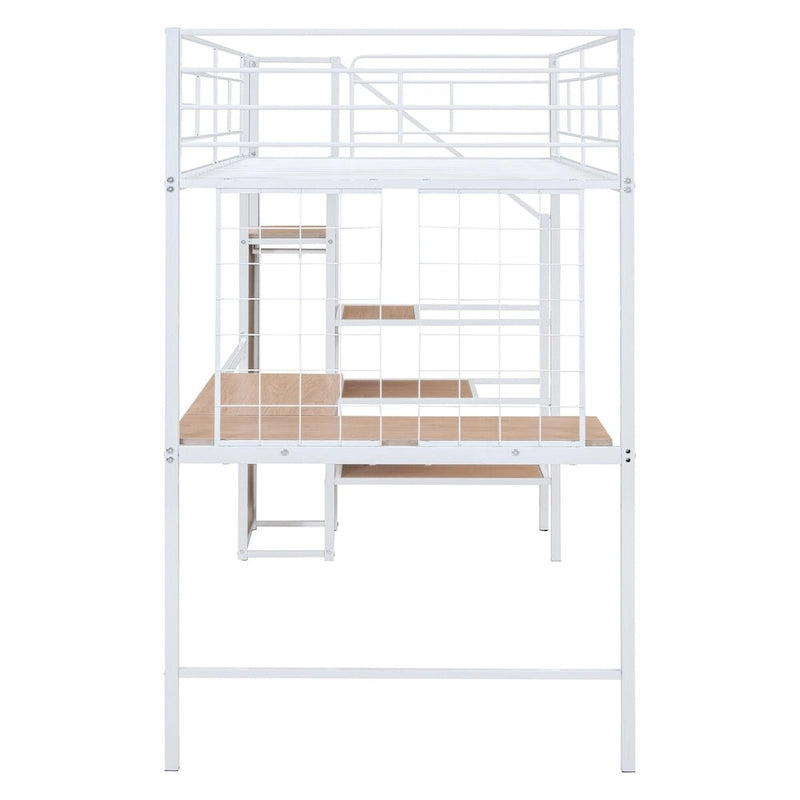 Lit mezzanine double en métal avec bureau et armoire, échelle de rangement latérale