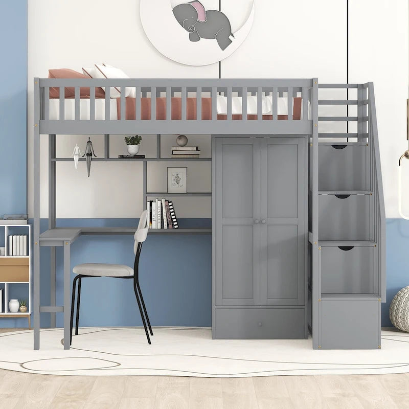 Twin size Loft Bed with Bookshelf,Drawers,Desk,and Wardrobe
