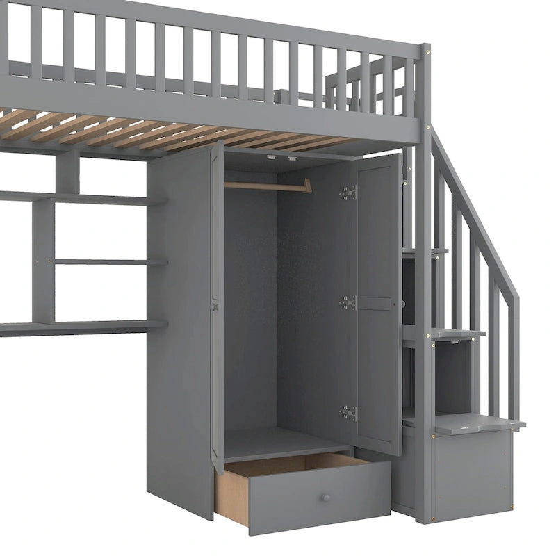 Lit mezzanine une place avec bibliothèque, tiroirs, bureau et armoire
