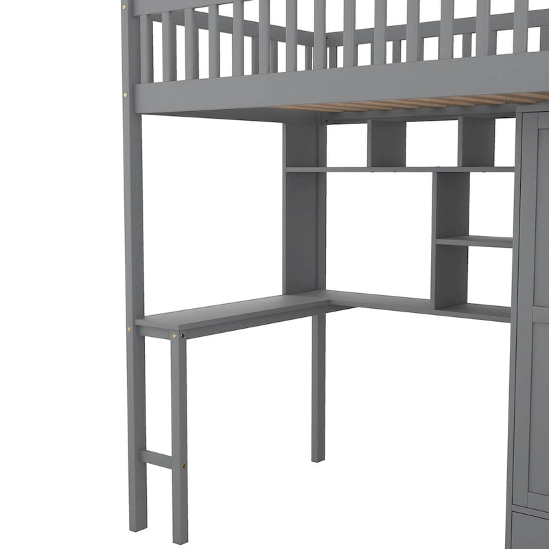 Lit mezzanine une place avec bibliothèque, tiroirs, bureau et armoire