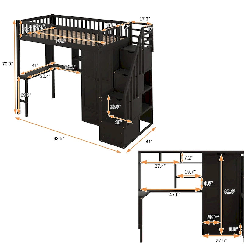 Lit mezzanine une place avec bibliothèque, tiroirs, bureau et armoire