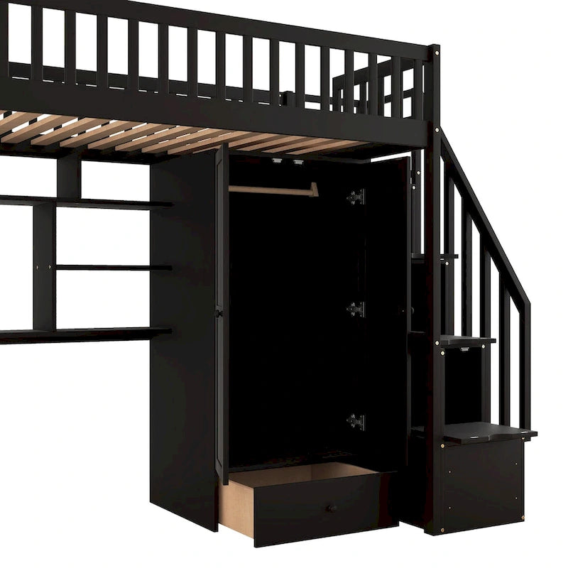 Lit mezzanine une place avec bibliothèque, tiroirs, bureau et armoire
