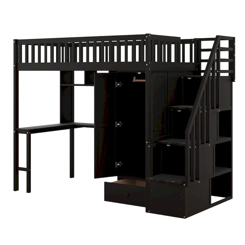 Lit mezzanine une place avec bibliothèque, tiroirs, bureau et armoire