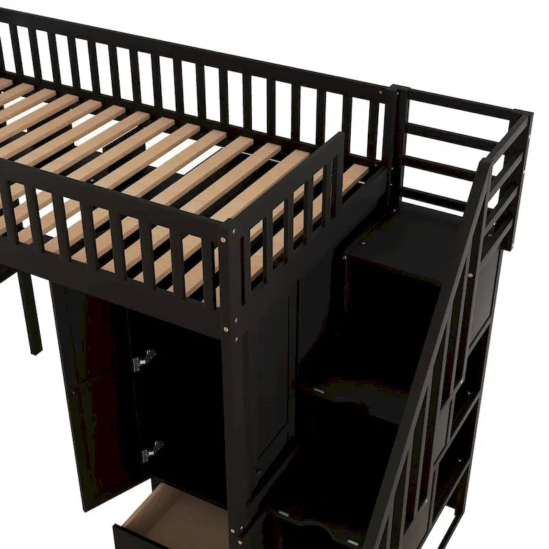 Lit mezzanine une place avec bibliothèque, tiroirs, bureau et armoire