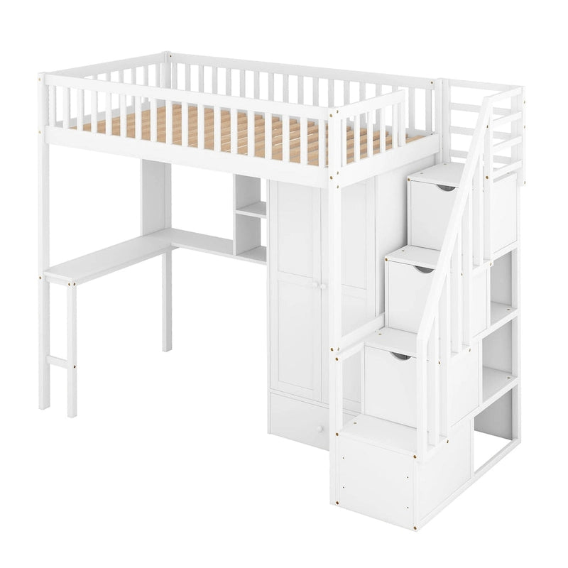 Lit mezzanine une place avec bibliothèque, tiroirs, bureau et armoire