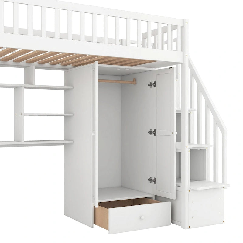 Lit mezzanine une place avec bibliothèque, tiroirs, bureau et armoire