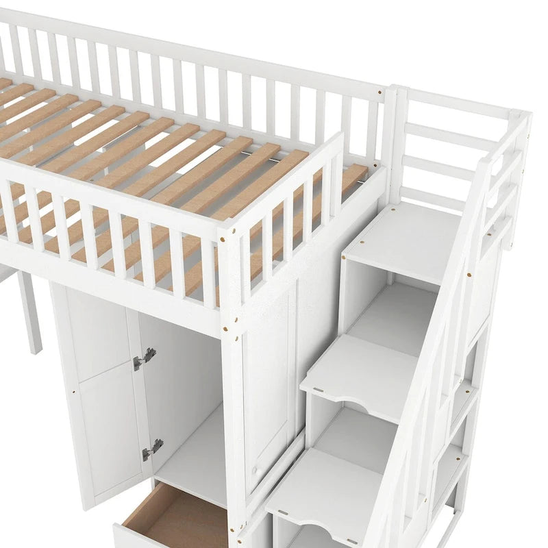 Lit mezzanine une place avec bibliothèque, tiroirs, bureau et armoire