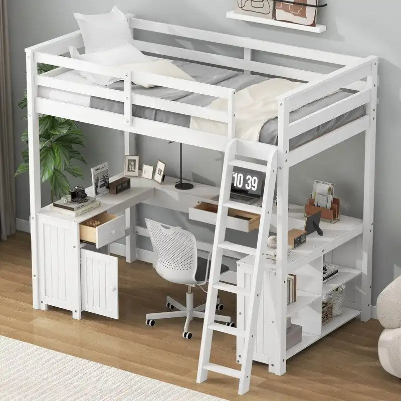 Lit mezzanine double avec bureau en U, armoire et étagères de rangement