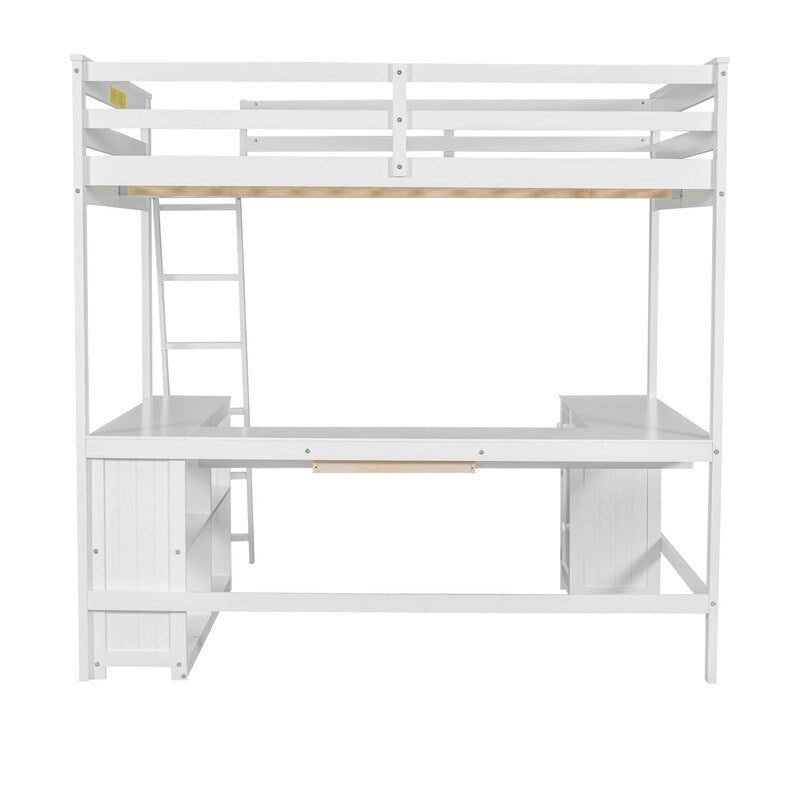 Lit mezzanine double avec bureau en U, armoire et étagères de rangement
