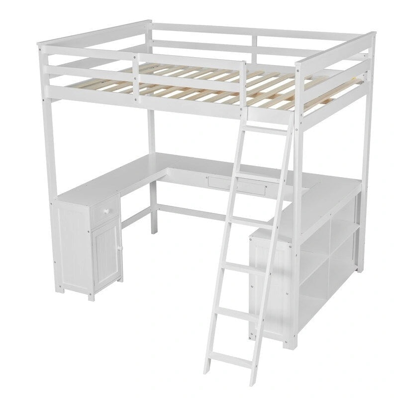 Lit mezzanine double avec bureau en U, armoire et étagères de rangement