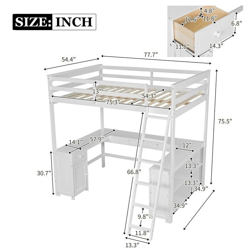 Lit mezzanine double avec bureau en U, armoire et étagères de rangement