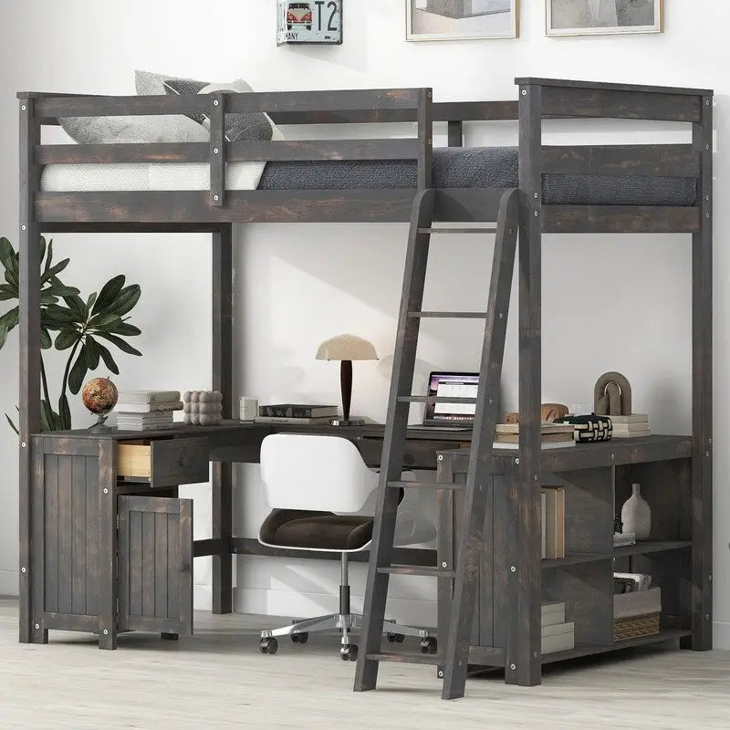 Lit mezzanine double avec bureau en U, armoire et étagères de rangement