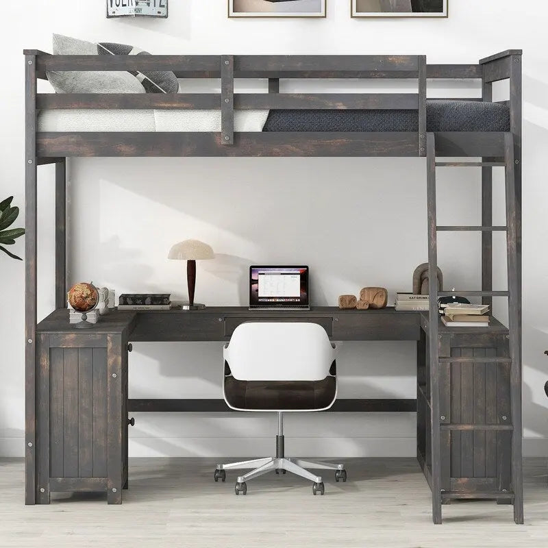 Lit mezzanine double avec bureau en U, armoire et étagères de rangement