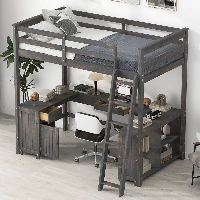 Lit mezzanine double avec bureau en U, armoire et étagères de rangement
