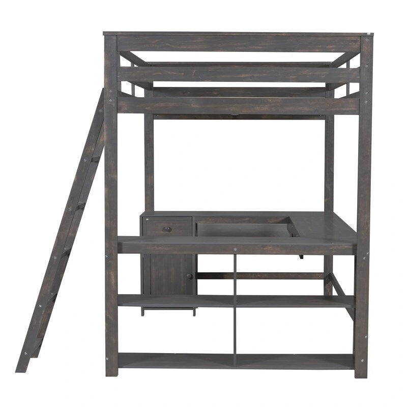Lit mezzanine double avec bureau en U, armoire et étagères de rangement