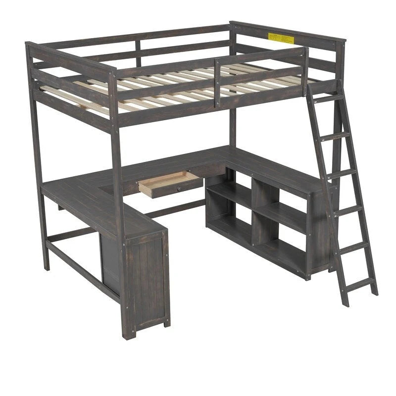 Lit mezzanine double avec bureau en U, armoire et étagères de rangement