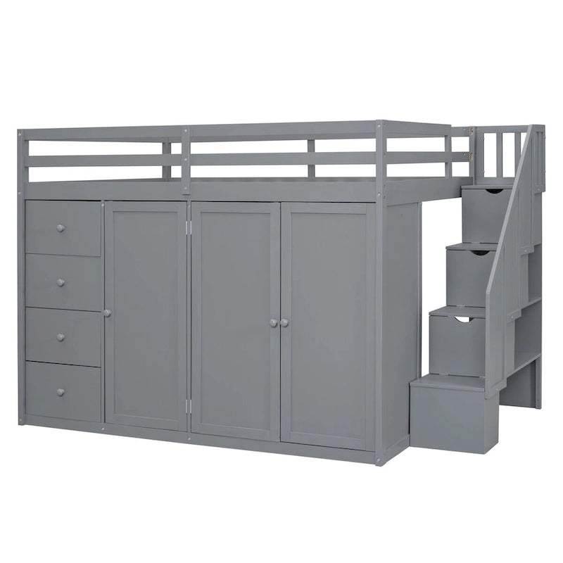 Full Size Wood Loft Bed With Built-in Wardrobes