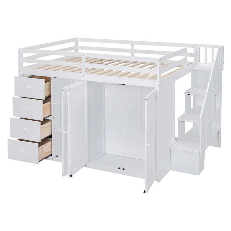 Lit mezzanine en bois pleine taille avec armoires intégrées