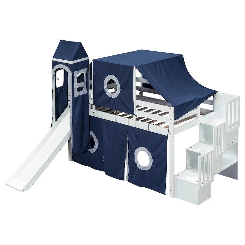 Lit mezzanine en pin bleu avec escalier de rangement et toboggan, tente et tour, barrière de sécurité pleine longueur