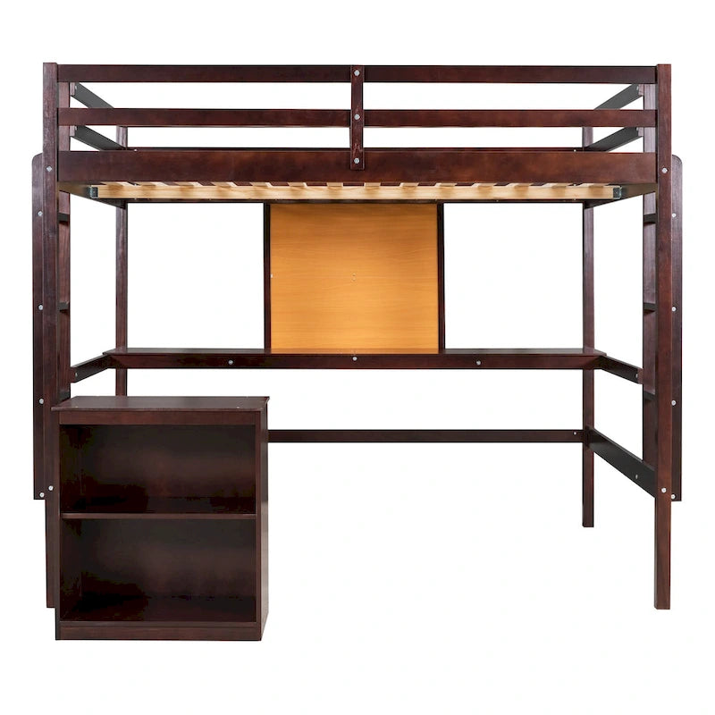 Espresso Pine Wood Loft Bed with Desk and Cabinet, Writing Board, Full-Length Guardrail