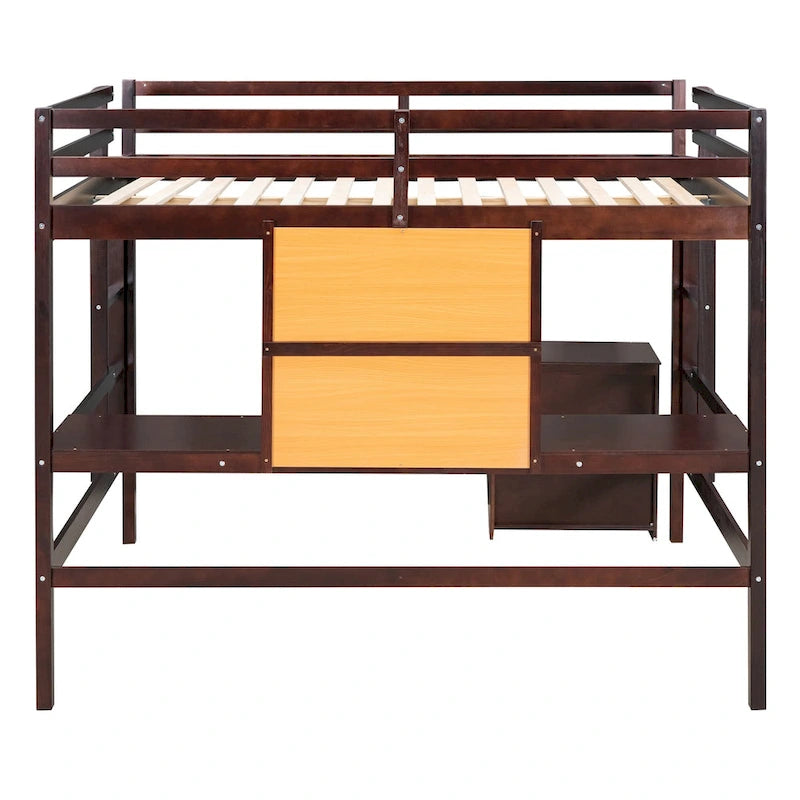 Lit mezzanine en bois de pin espresso avec bureau et armoire, tableau d'écriture, garde-corps pleine longueur