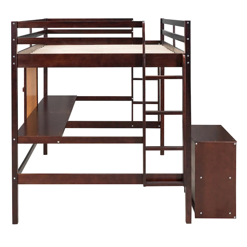 Lit mezzanine en bois de pin espresso avec bureau et armoire, tableau d'écriture, garde-corps pleine longueur