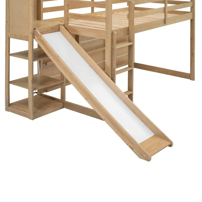 Lit superposé cabane en bois de taille simple avec toboggan, rangement et lumière