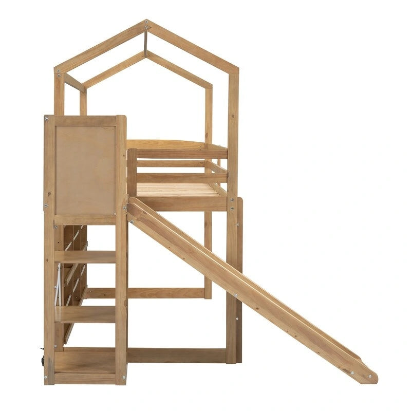 Lit superposé cabane en bois de taille simple avec toboggan, rangement et lumière