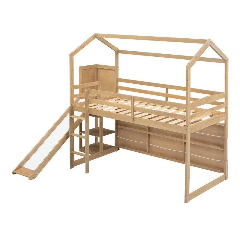 Lit superposé cabane en bois de taille simple avec toboggan, rangement et lumière