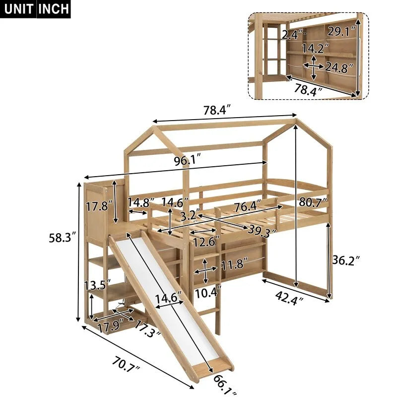 Lit superposé cabane en bois de taille simple avec toboggan, rangement et lumière