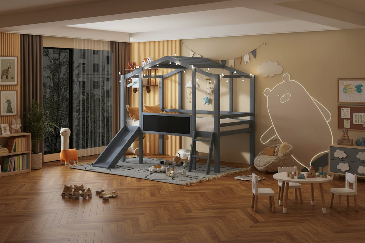 Lit mezzanine pour une personne avec échelle et toboggan