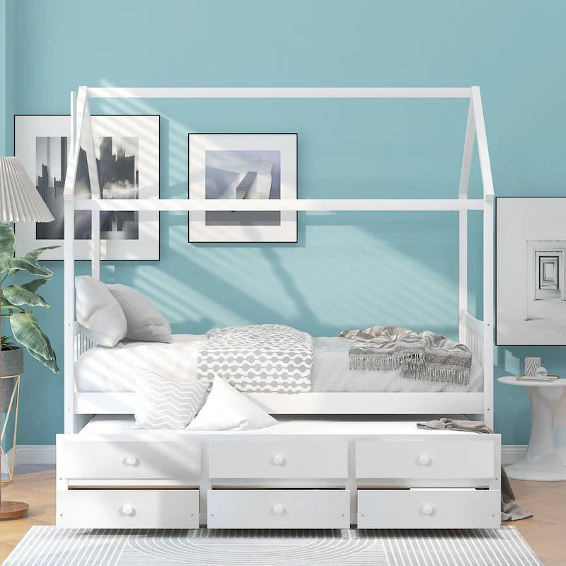 Twin Wooden House Bed with Pull-Out Trundle and Additional Drawers
