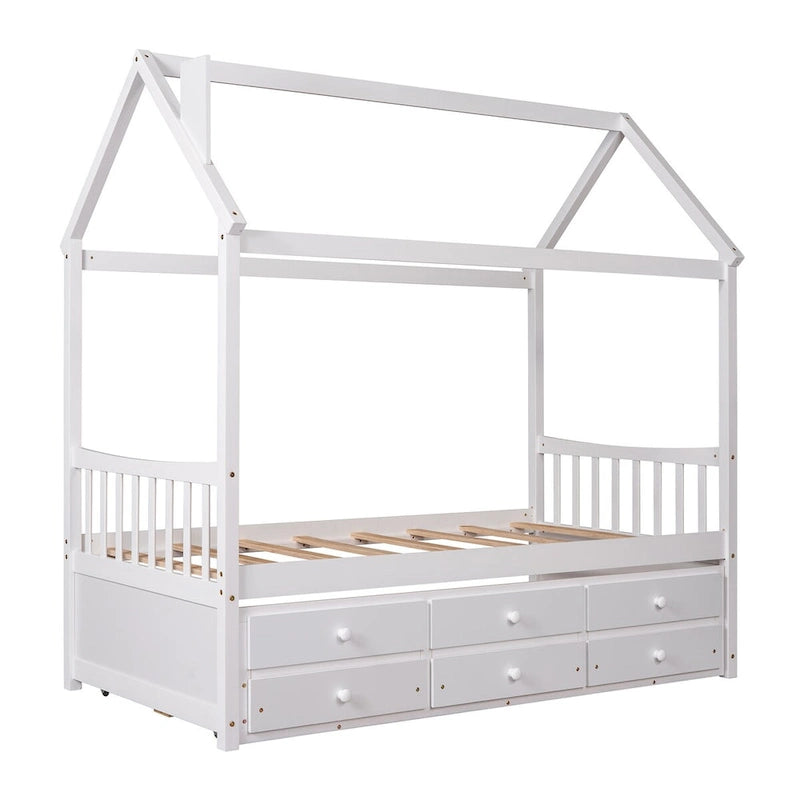 Lit cabane double en bois avec lit gigogne et tiroirs de rangement supplémentaires