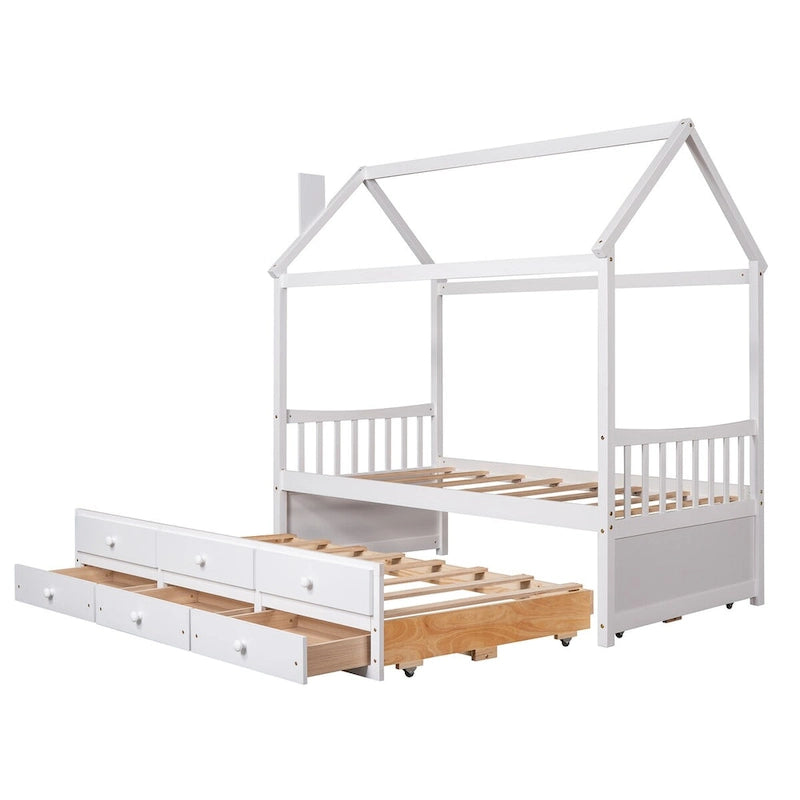 Lit cabane double en bois avec lit gigogne et tiroirs de rangement supplémentaires