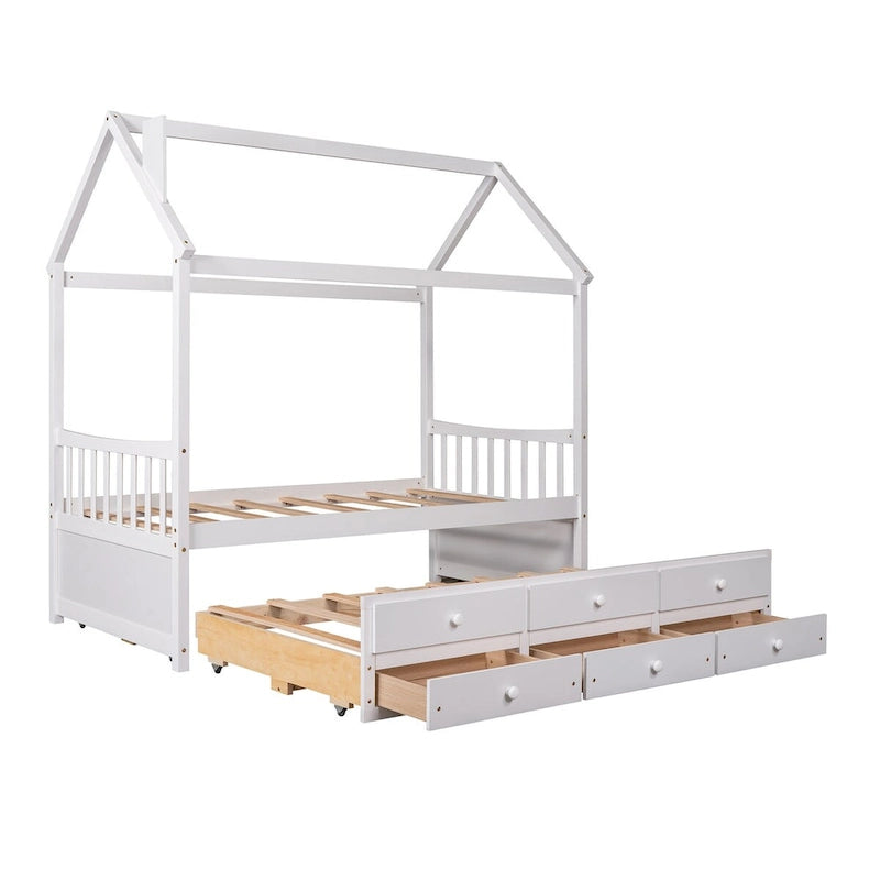 Lit cabane double en bois avec lit gigogne et tiroirs de rangement supplémentaires