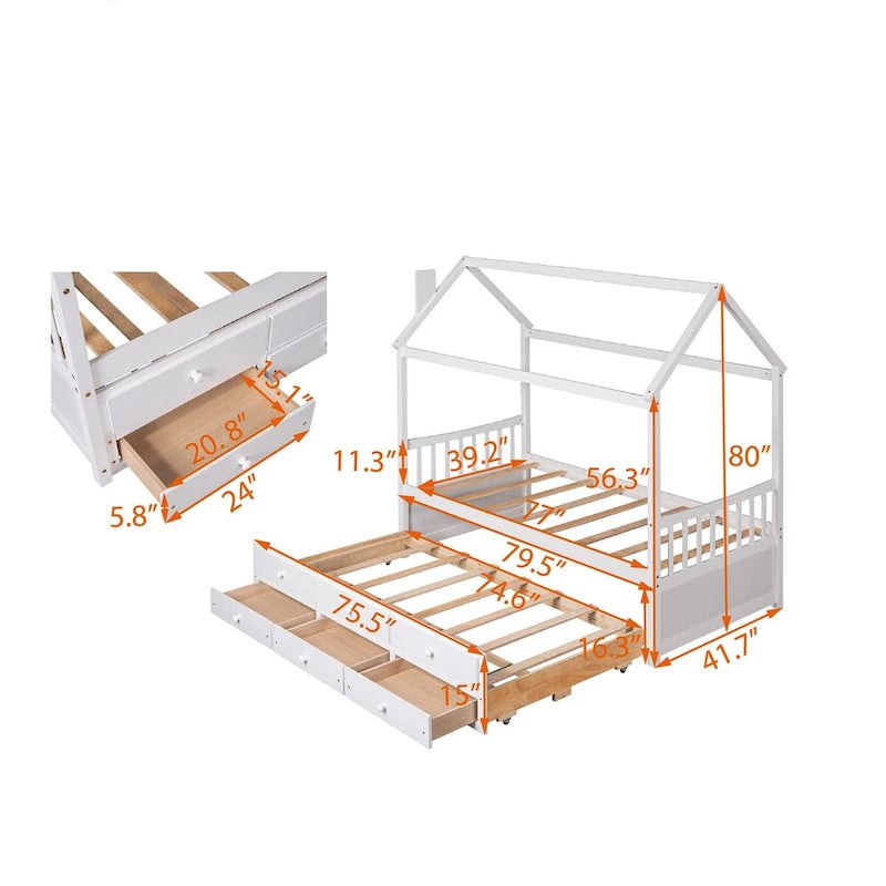 Lit cabane double en bois avec lit gigogne et tiroirs de rangement supplémentaires