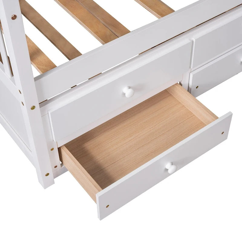 Lit cabane double en bois avec lit gigogne et tiroirs de rangement supplémentaires