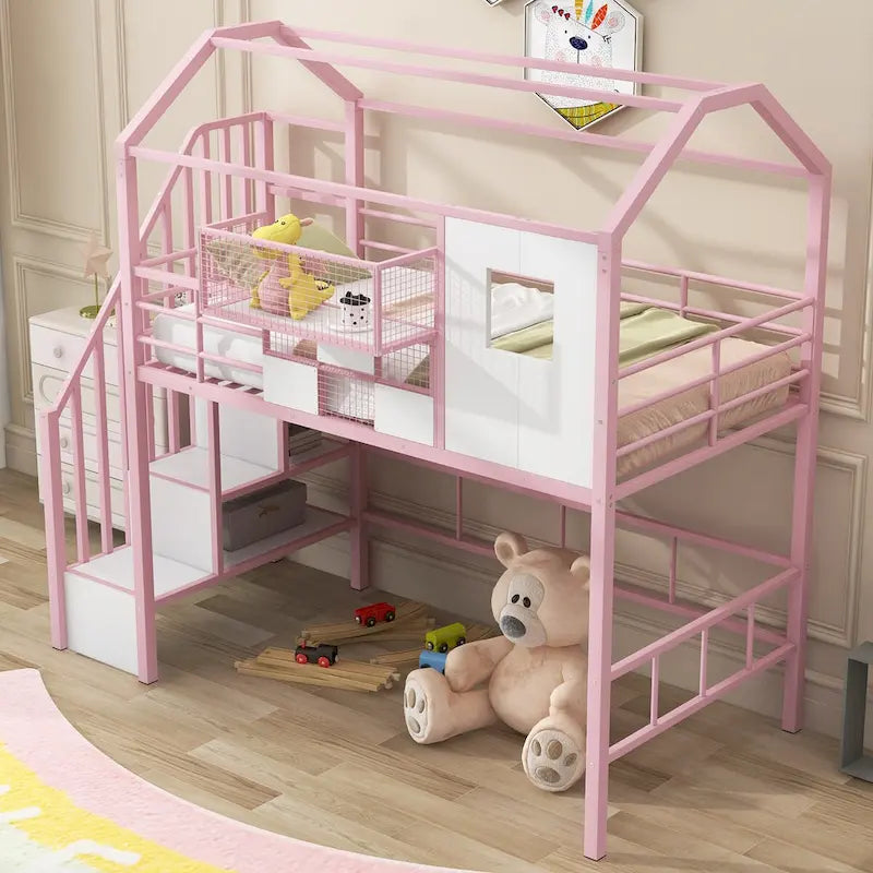 Lit mezzanine en métal avec toit et boîte de rangement