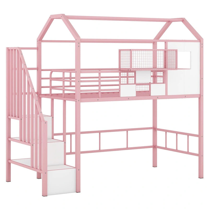 Lit mezzanine en métal avec toit et boîte de rangement
