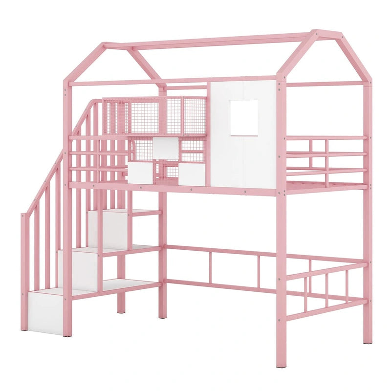 Lit mezzanine en métal avec toit et boîte de rangement