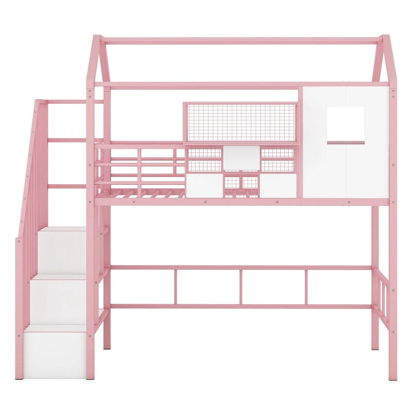 Lit mezzanine en métal avec toit et boîte de rangement