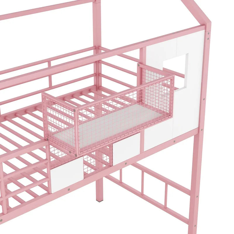 Lit mezzanine en métal avec toit et boîte de rangement