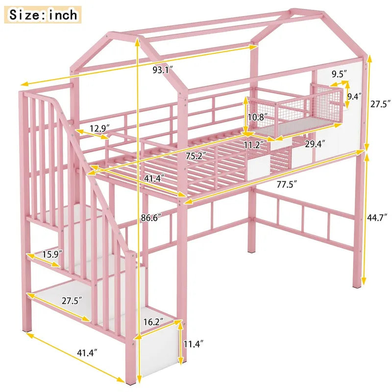 Lit mezzanine en métal avec toit et boîte de rangement