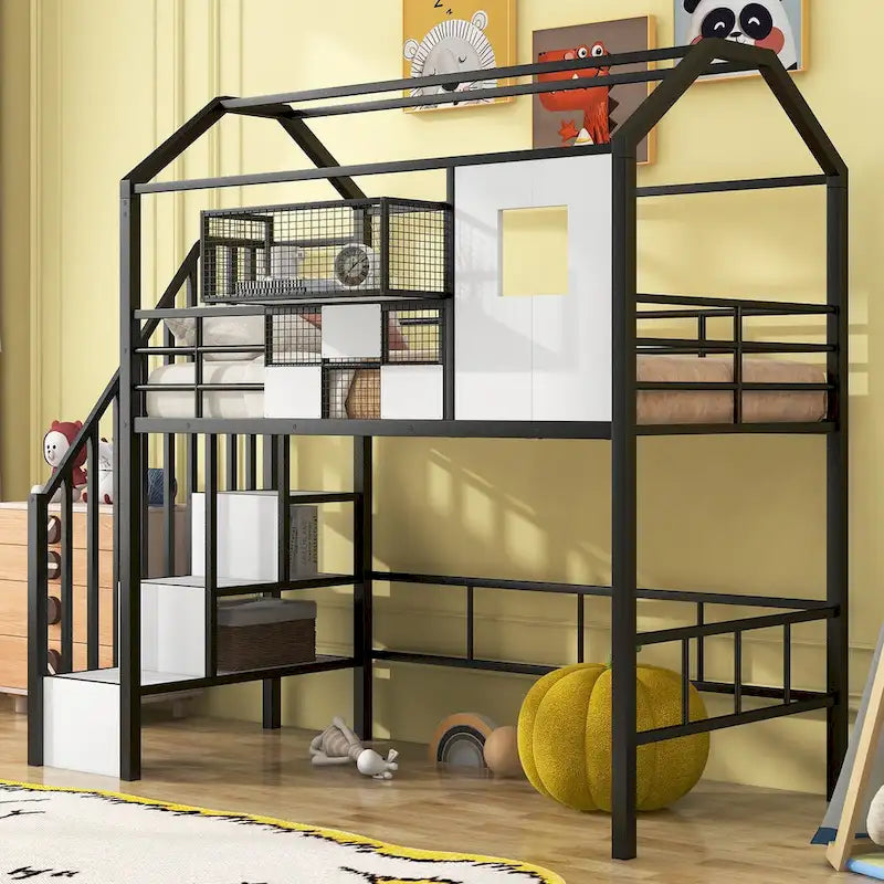 Lit mezzanine en métal avec toit et boîte de rangement
