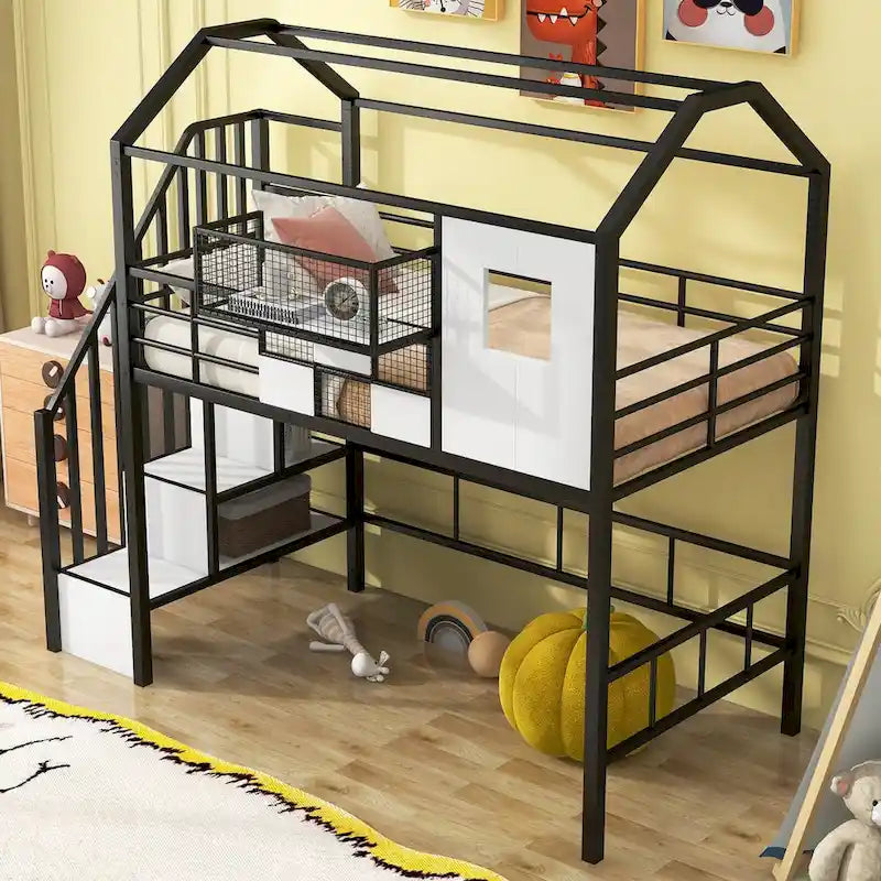 Lit mezzanine en métal avec toit et boîte de rangement