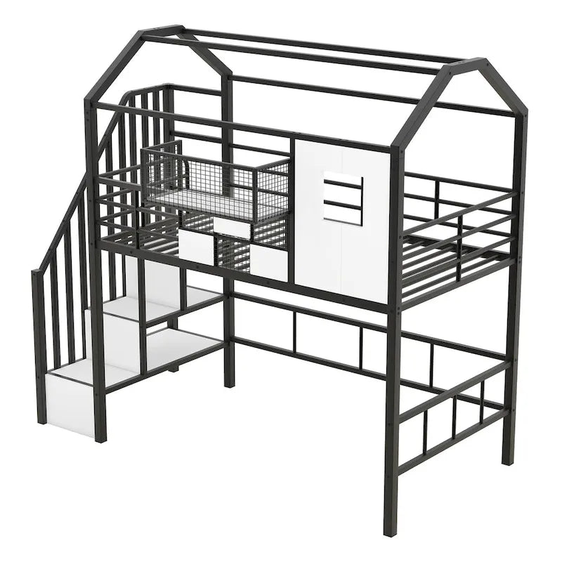 Lit mezzanine en métal avec toit et boîte de rangement