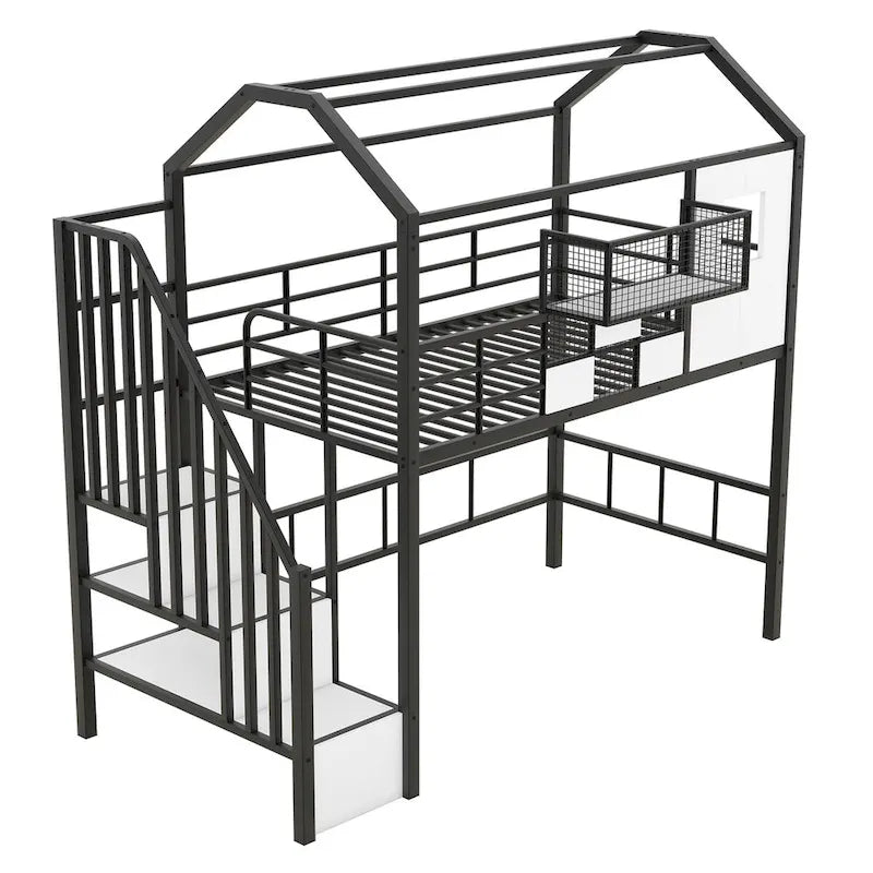 Lit mezzanine en métal avec toit et boîte de rangement